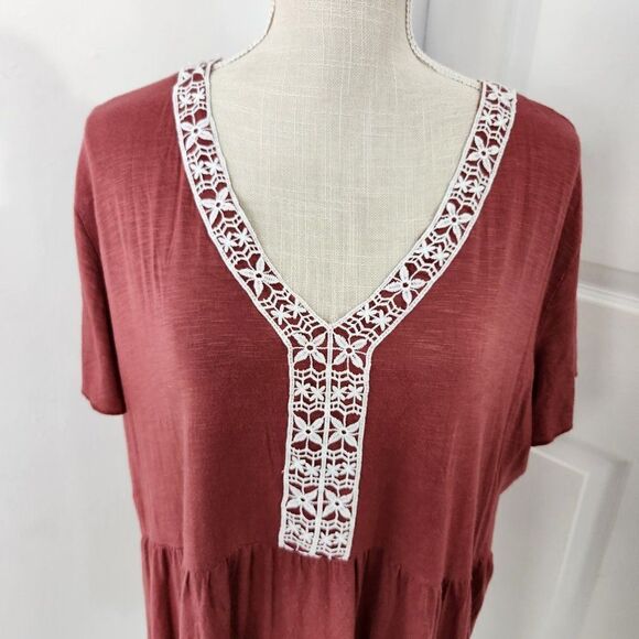 Amaryllis Top Womens 1X Brown Babydoll Boho Embroidered Rayon Stretch Flowy - Picture 2 of 14